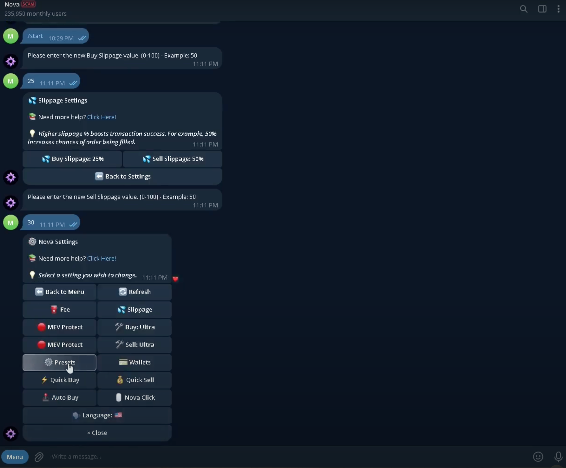 NovaClick telegram bot screenshot