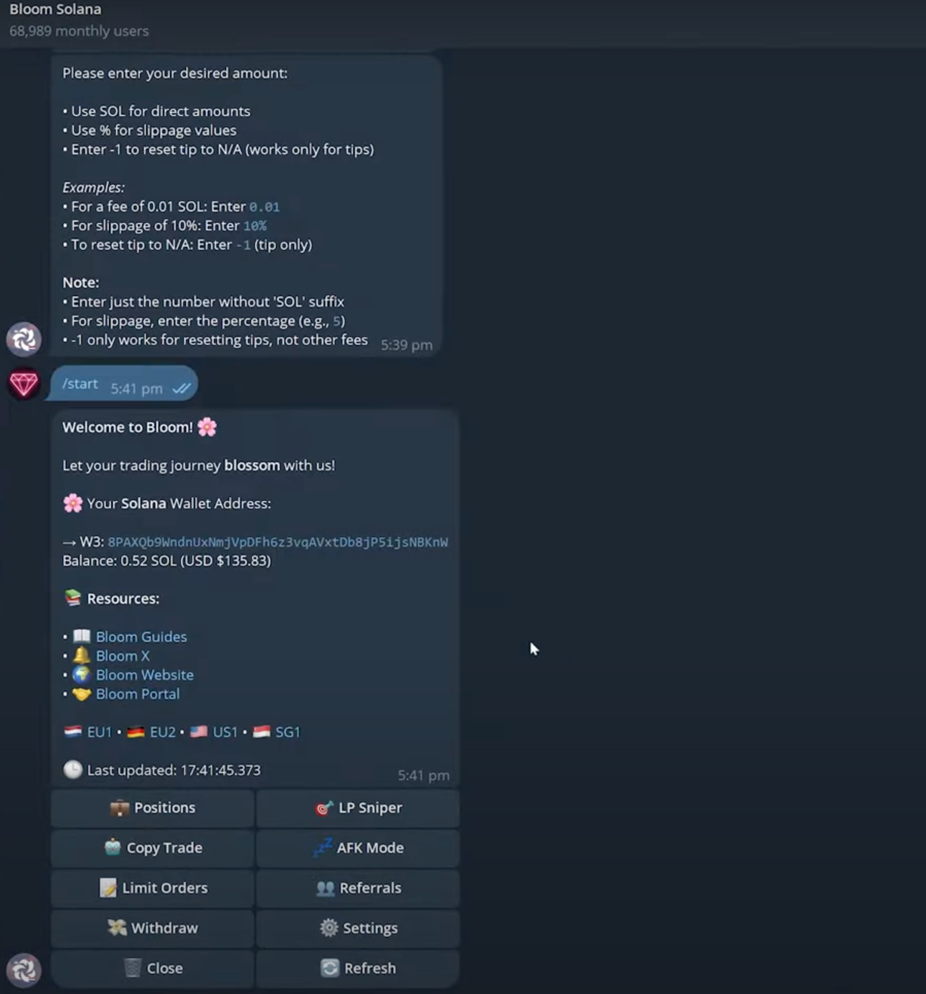 BloomBot's telegram dashboard